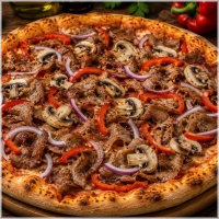 Tomatensaus, kaas, champignons, döner, ui en paprika