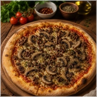 Tomatensaus, kaas, champignons en shoarma