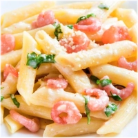 Penne met garnalen, roomsaus en kaas