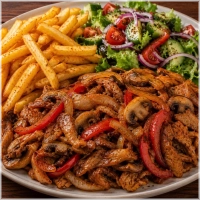 Shoarma, paprika, ui en champignons met koksroom