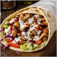 Opgerolde wrap met shoarma, salade en saus