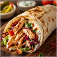 Opgerolde wrap met kip, salade en saus